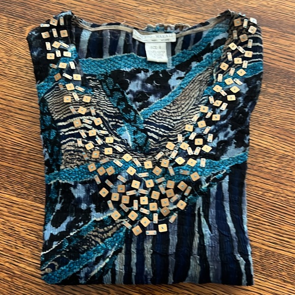 Alberto Makali SZ S Long Sleeve Crepe Semi Sheer Animal Print Blue Blouse Sequin - Picture 12 of 15